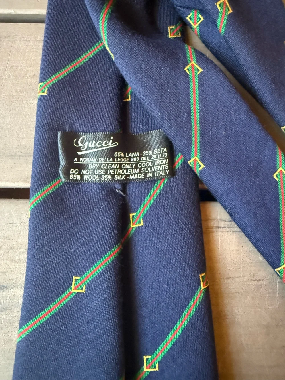 Gucci Navy Tie with Green and Gold Diagonal Stripes